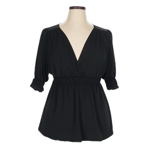 Studio M Peasant Top 2X Black Stretchy Deep V-Neck Boho Cocktail Party Witchy - Picture 1 of 7